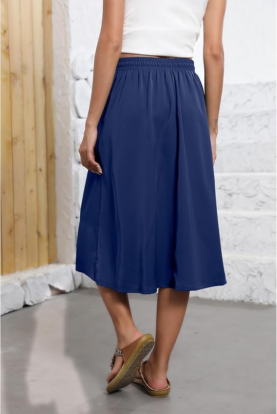2025 popular women's bohemian style mid-length elastic high waist A-line skirt with pockets - Blue
