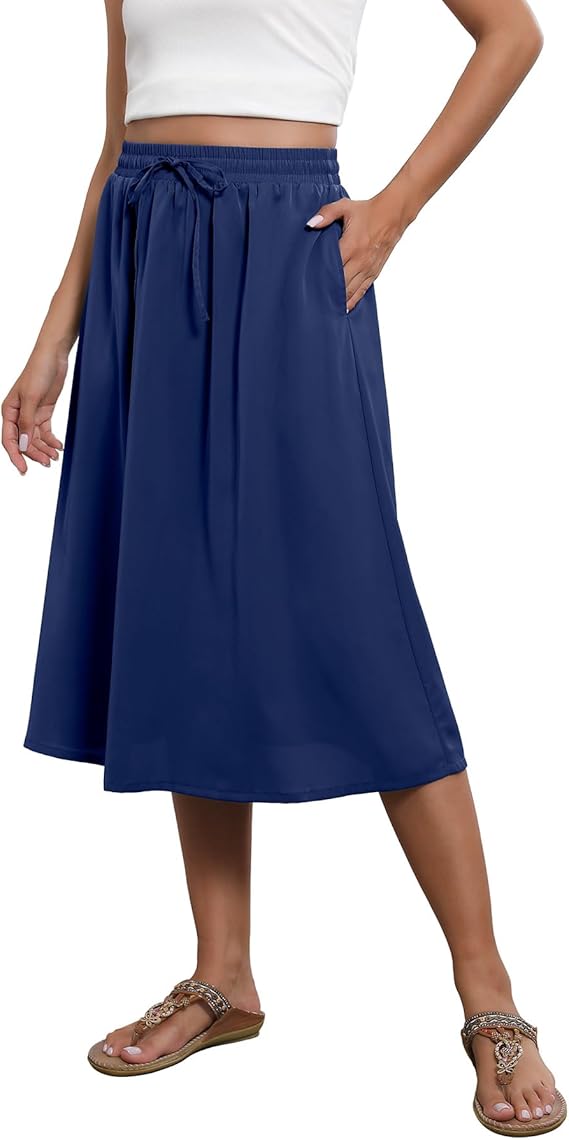 2025 popular women's bohemian style mid-length elastic high waist A-line skirt with pockets - Blue