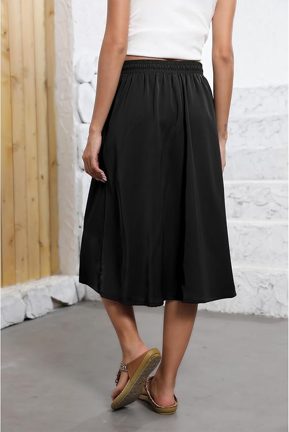 2025 popular women's bohemian style mid-length elastic high waist A-line skirt with pockets - Black