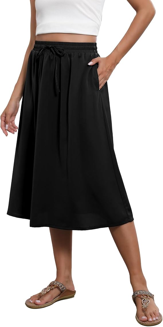 2025 popular women's bohemian style mid-length elastic high waist A-line skirt with pockets - Black