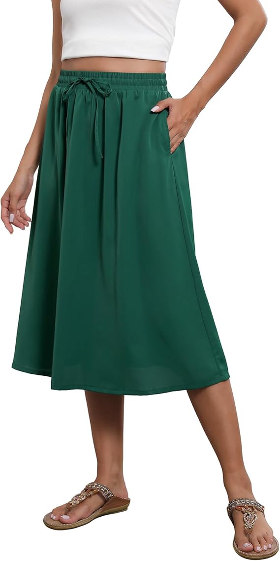 2025 popular women's bohemian style mid-length elastic high waist A-line skirt with pockets - Green