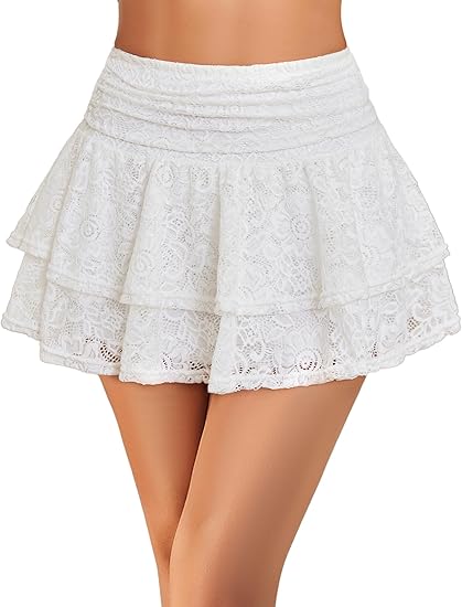 Women's Pleated Mini Skirt Lace High Waisted Ruffles Lingerie Short Skirts - White