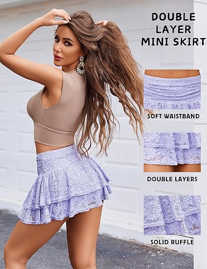 Women's Pleated Mini Skirt Lace High Waisted Ruffles Lingerie Short Skirts - Purple
