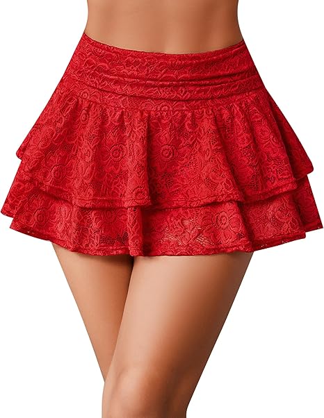 Women's Pleated Mini Skirt Lace High Waisted Ruffles Lingerie Short Skirts - Red